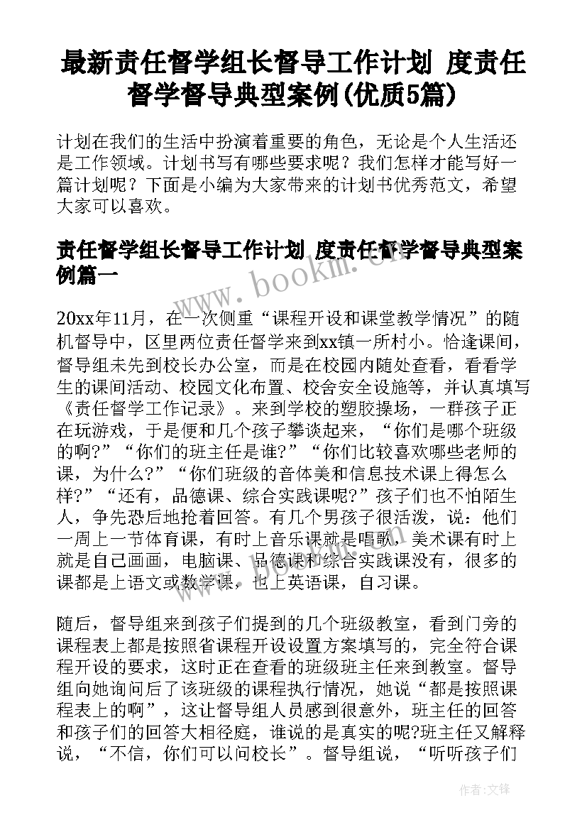 最新责任督学组长督导工作计划 度责任督学督导典型案例(优质5篇)