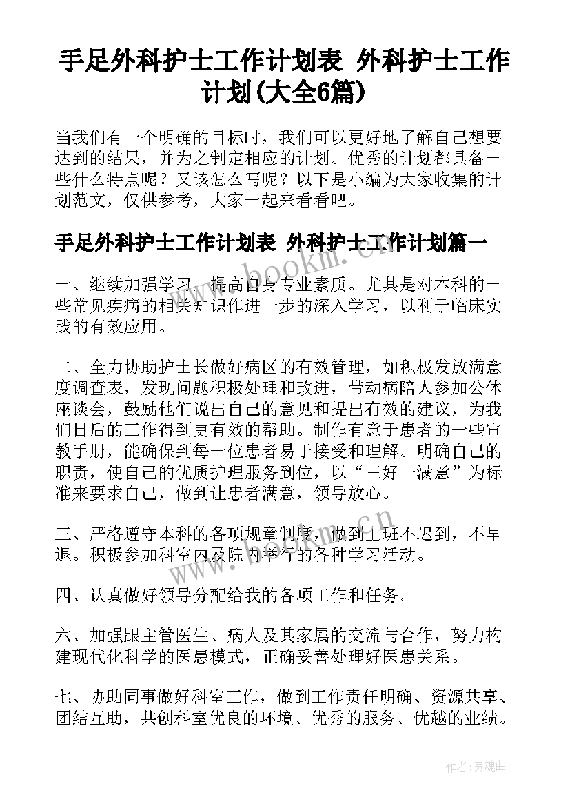 手足外科护士工作计划表 外科护士工作计划(大全6篇)