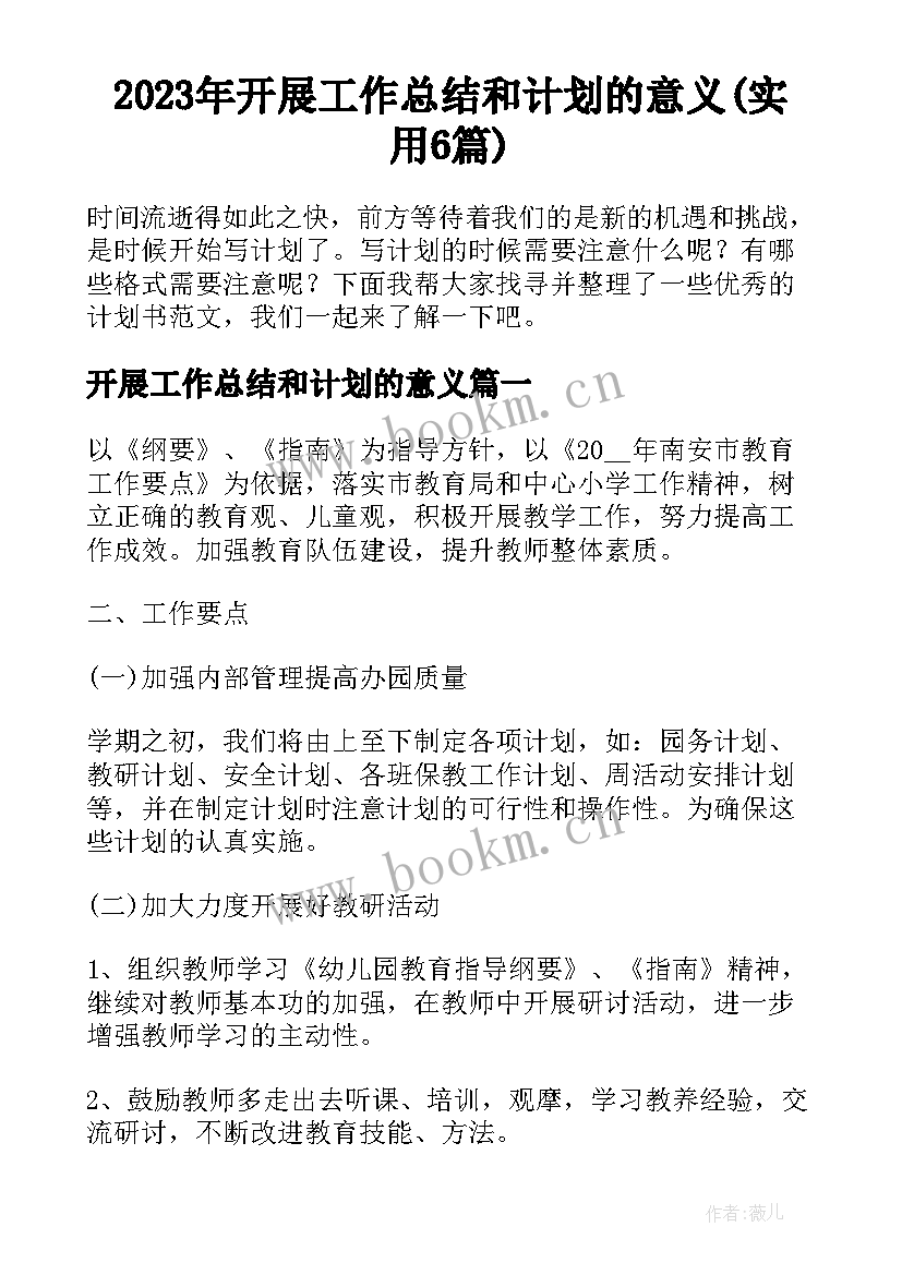 2023年开展工作总结和计划的意义(实用6篇)