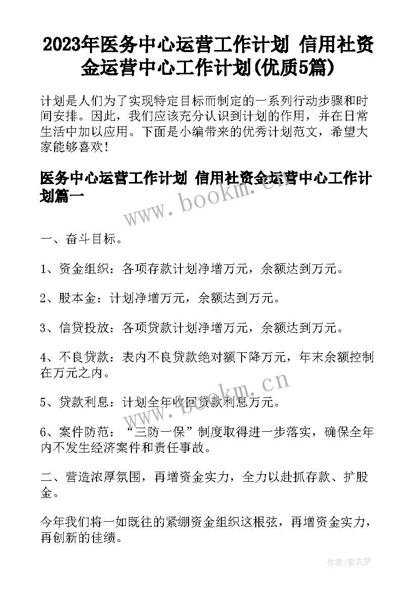 2023年医务中心运营工作计划 信用社资金运营中心工作计划(优质5篇)