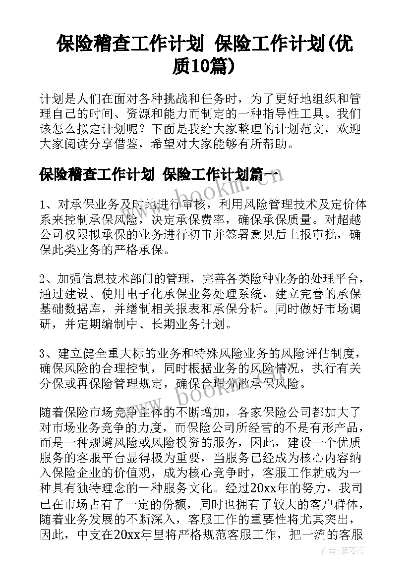 保险稽查工作计划 保险工作计划(优质10篇)