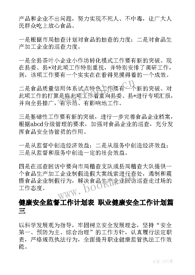 2023年健康安全监督工作计划表 职业健康安全工作计划(精选7篇)