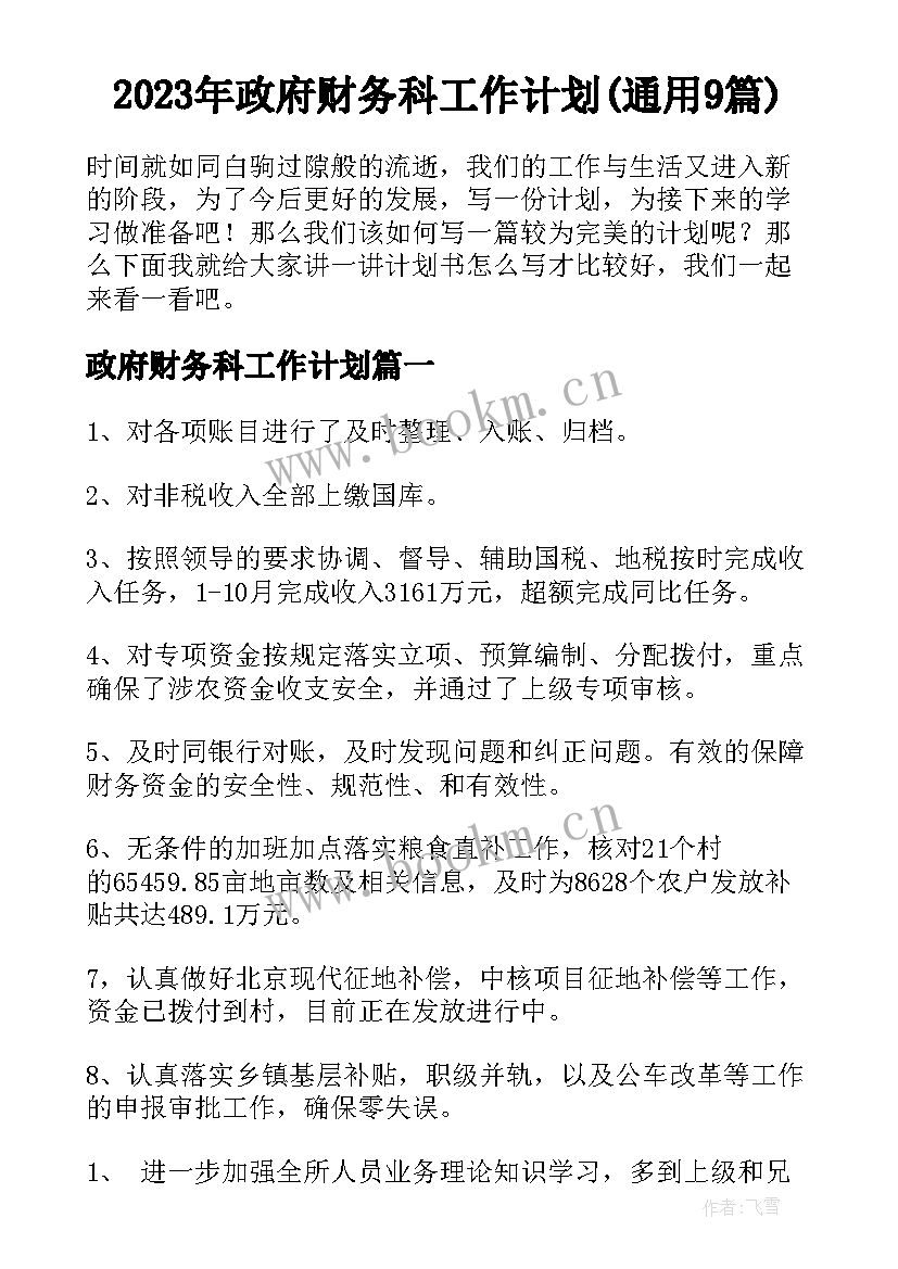 2023年政府财务科工作计划(通用9篇)