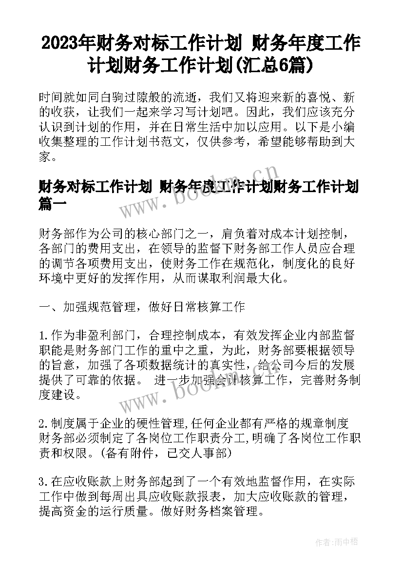 2023年财务对标工作计划 财务年度工作计划财务工作计划(汇总6篇)