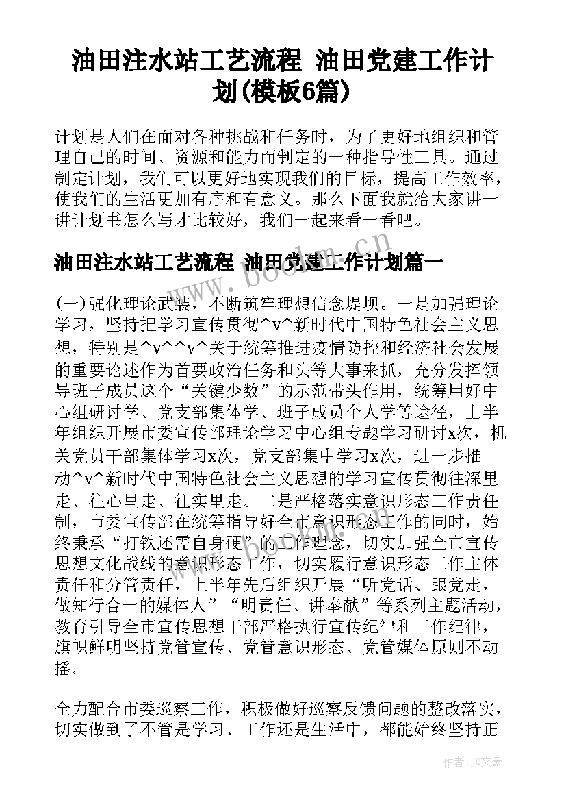 油田注水站工艺流程 油田党建工作计划(模板6篇)