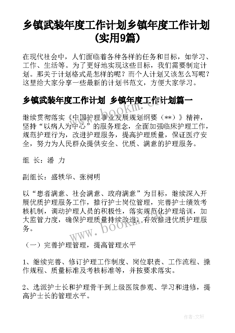 乡镇武装年度工作计划 乡镇年度工作计划(实用9篇)