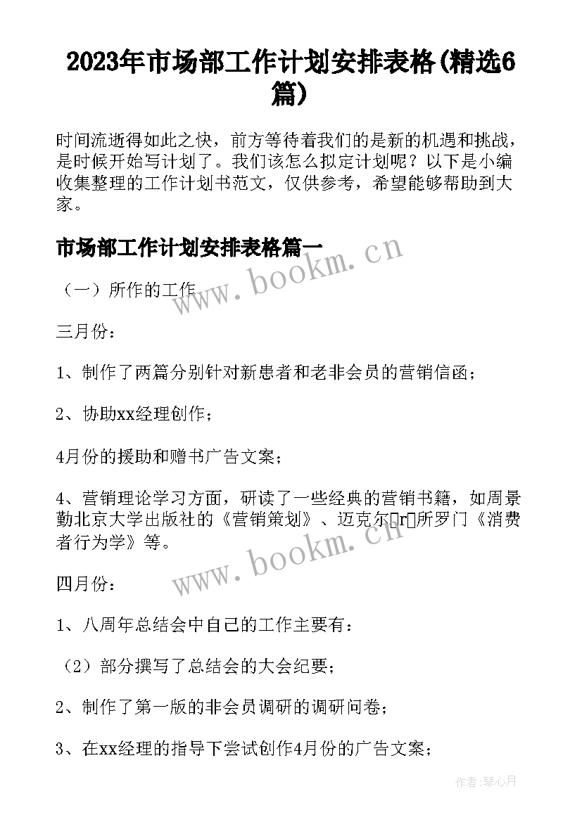 2023年市场部工作计划安排表格(精选6篇)