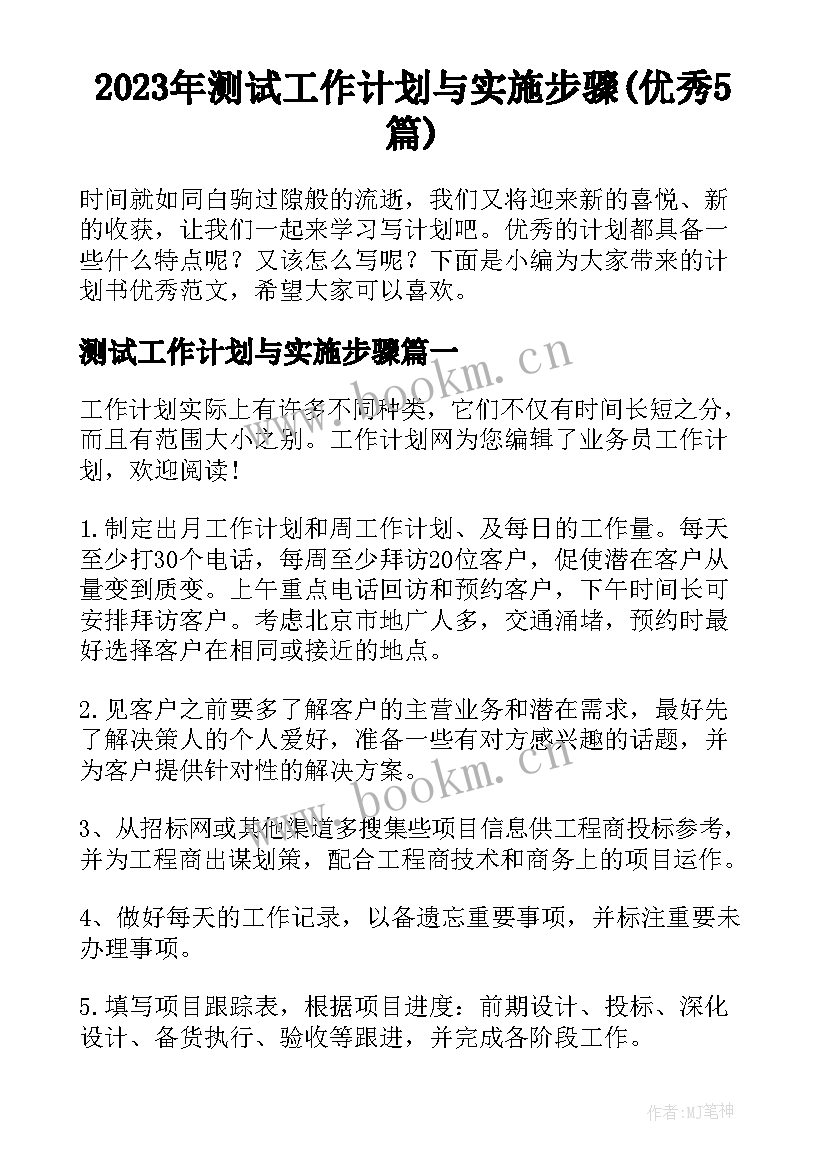 2023年测试工作计划与实施步骤(优秀5篇)