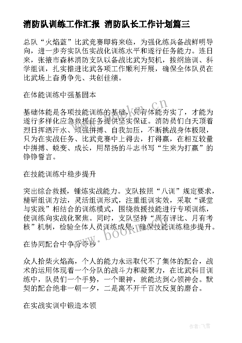 消防队训练工作汇报 消防队长工作计划(实用8篇)