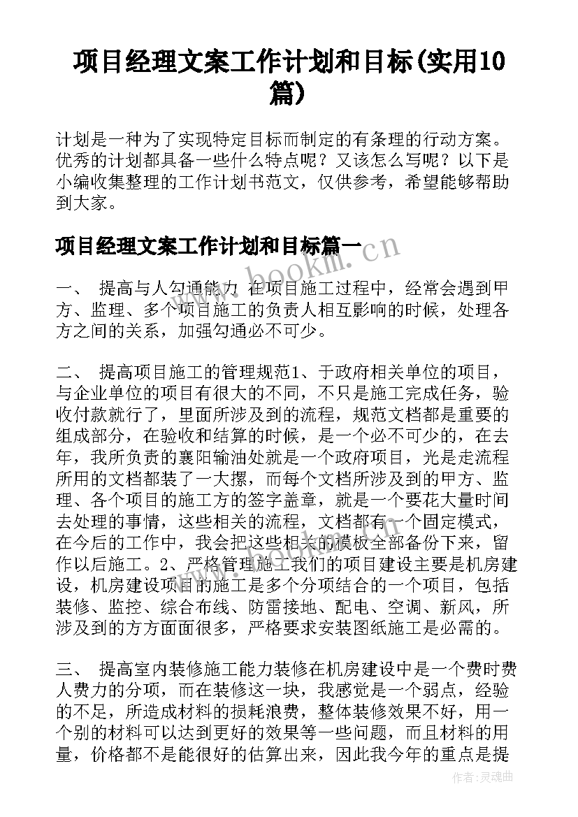 项目经理文案工作计划和目标(实用10篇)