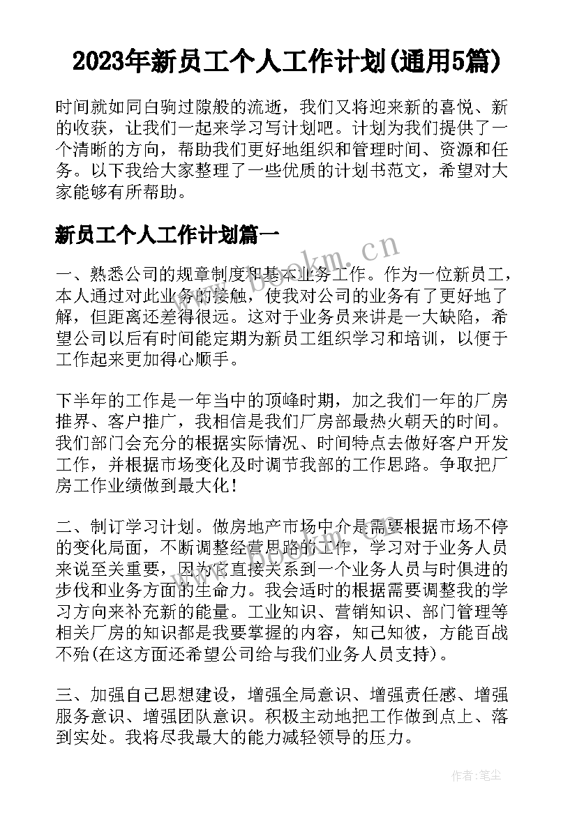 2023年新员工个人工作计划(通用5篇)