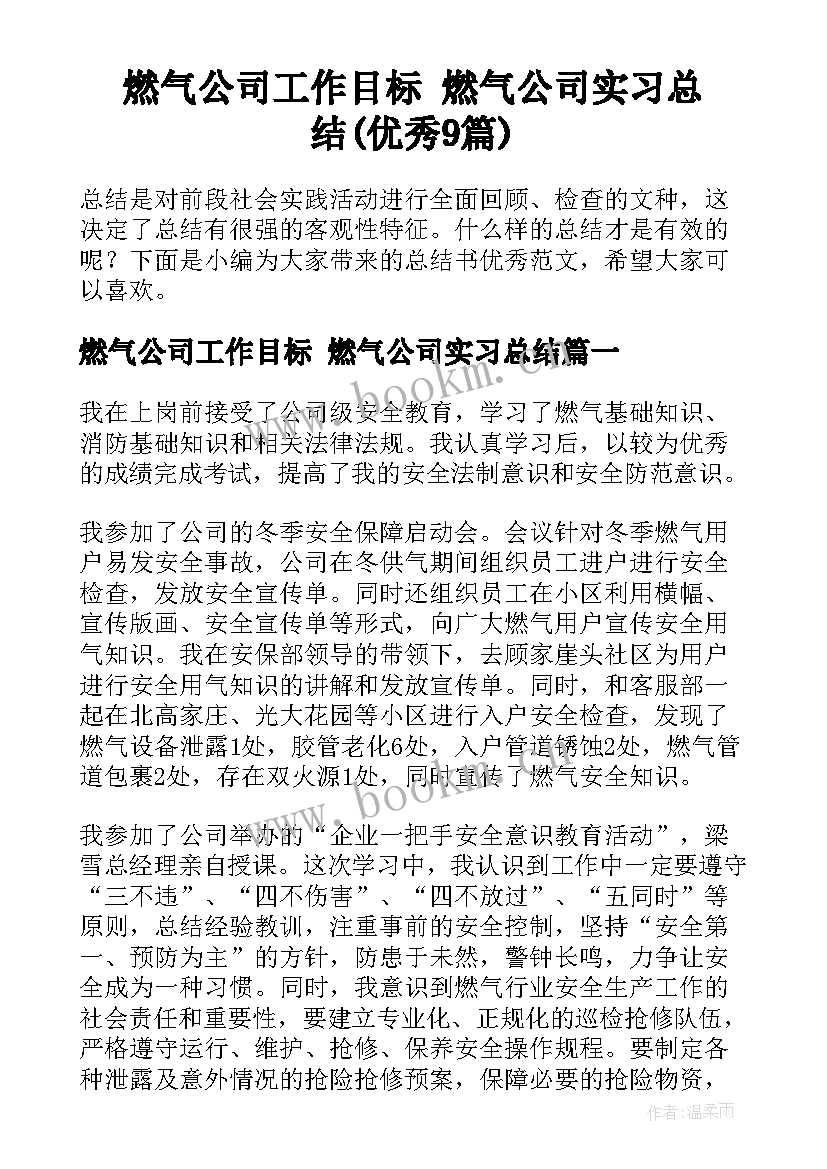 燃气公司工作目标 燃气公司实习总结(优秀9篇)