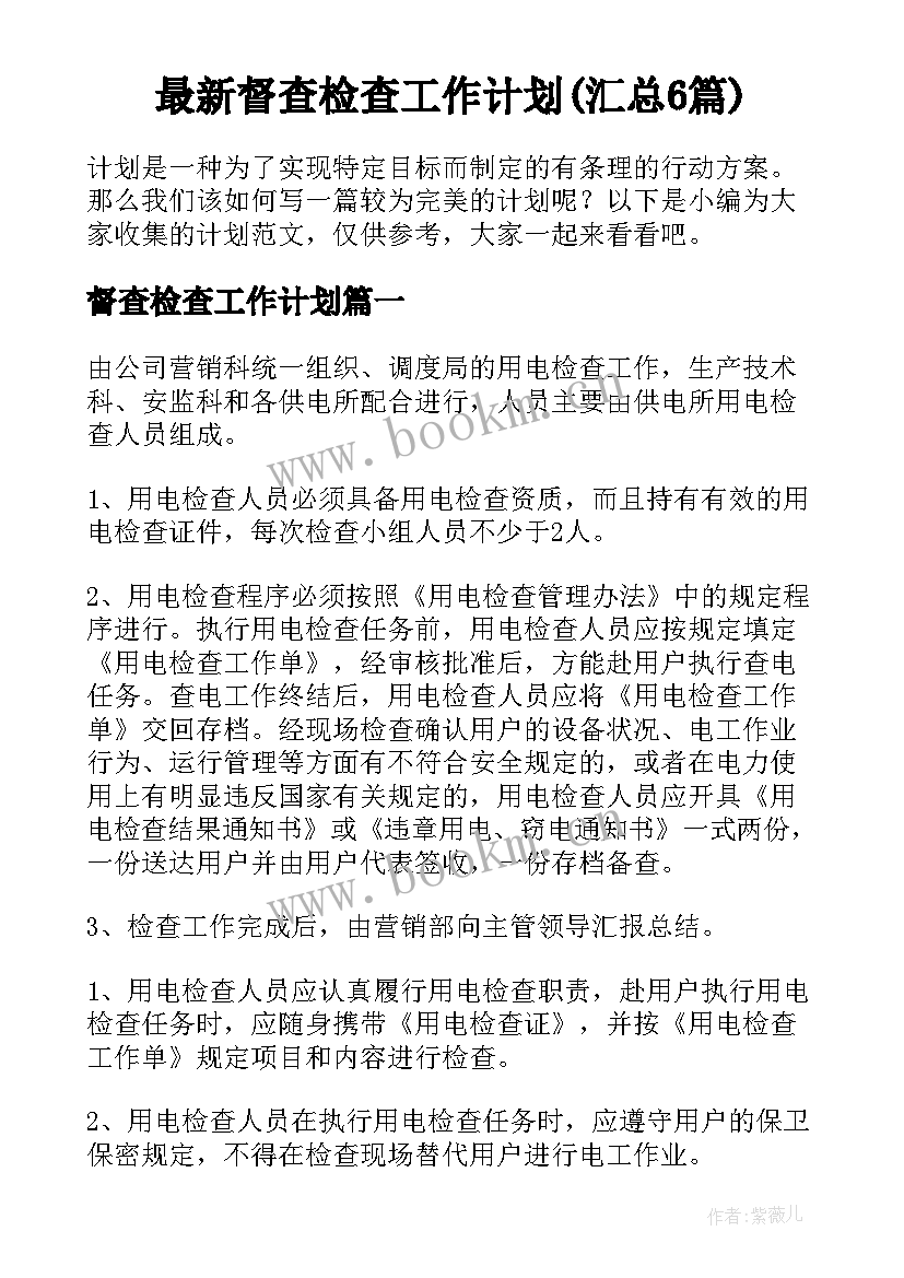 最新督查检查工作计划(汇总6篇)