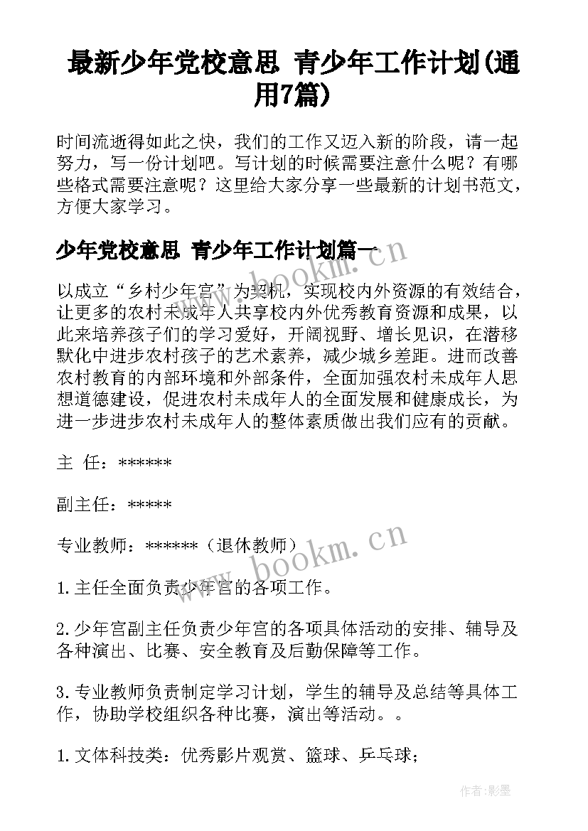 最新少年党校意思 青少年工作计划(通用7篇)