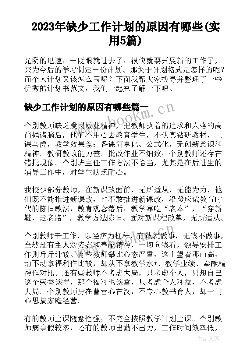 2023年缺少工作计划的原因有哪些(实用5篇)