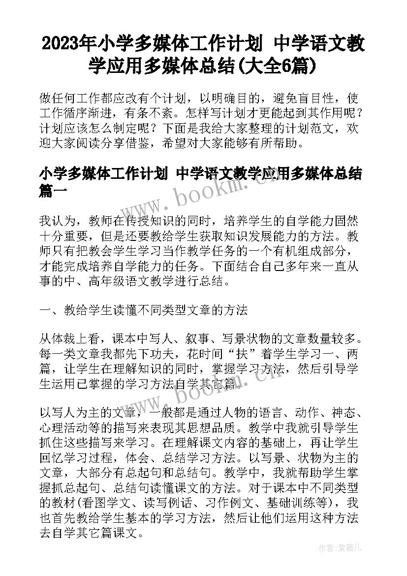 2023年小学多媒体工作计划 中学语文教学应用多媒体总结(大全6篇)