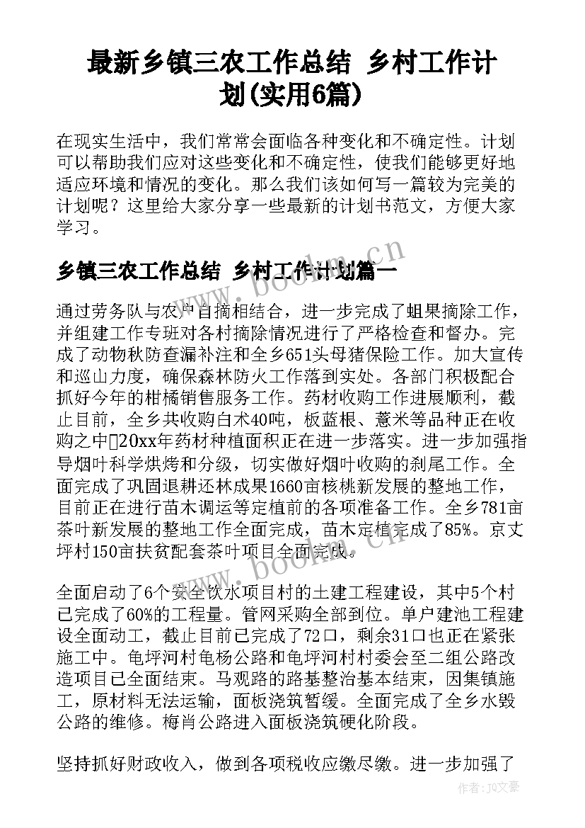 最新乡镇三农工作总结 乡村工作计划(实用6篇)