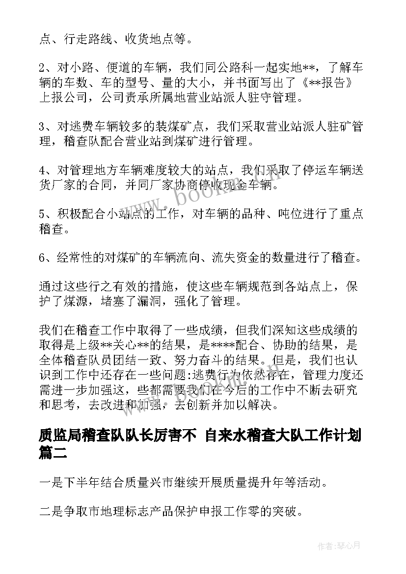 2023年质监局稽查队队长厉害不 自来水稽查大队工作计划(汇总7篇)