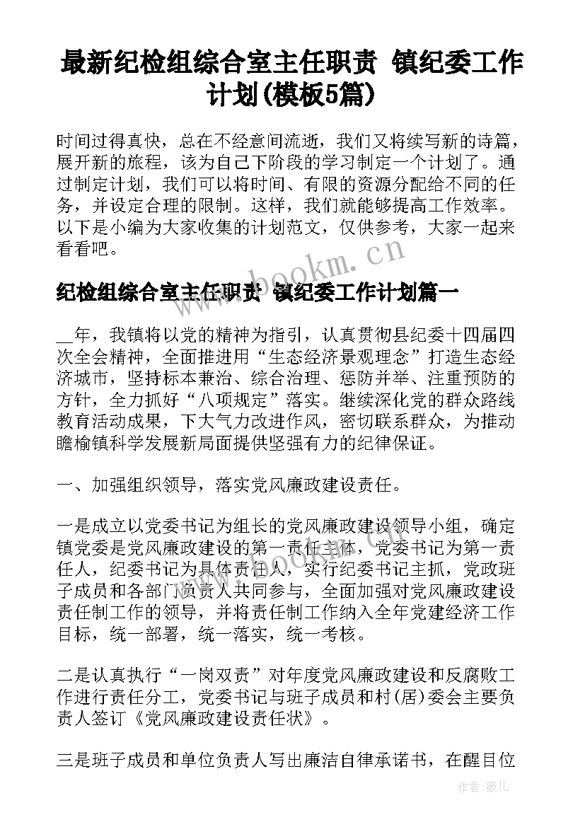 最新纪检组综合室主任职责 镇纪委工作计划(模板5篇)