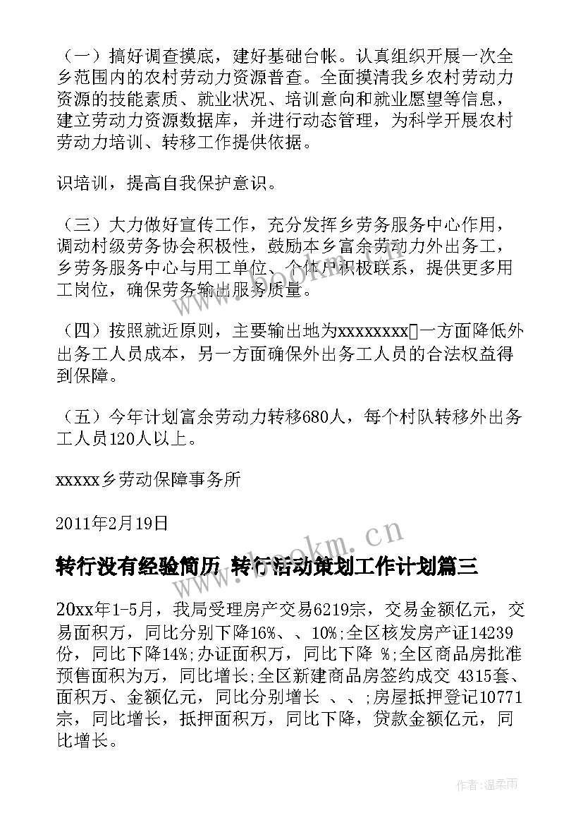 最新转行没有经验简历 转行活动策划工作计划(模板5篇)