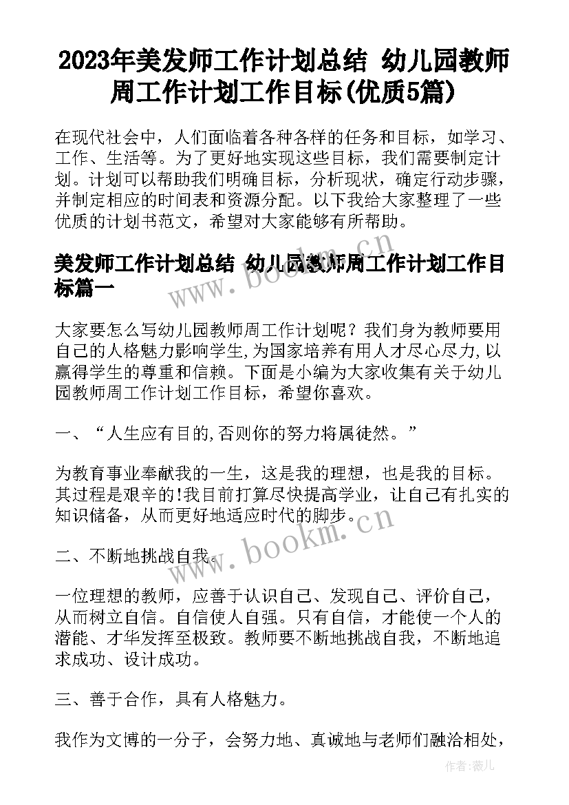 2023年美发师工作计划总结 幼儿园教师周工作计划工作目标(优质5篇)