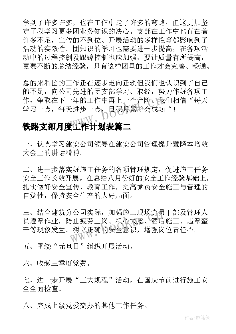 铁路支部月度工作计划表(实用5篇)