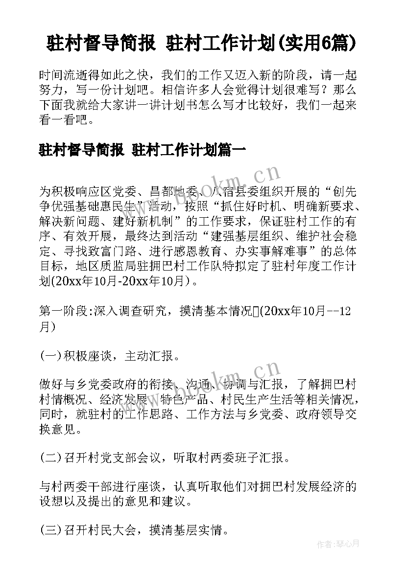 驻村督导简报 驻村工作计划(实用6篇)