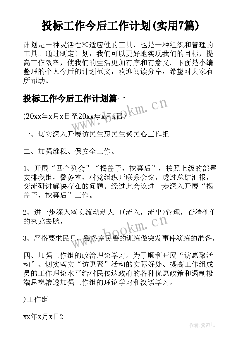 投标工作今后工作计划(实用7篇)