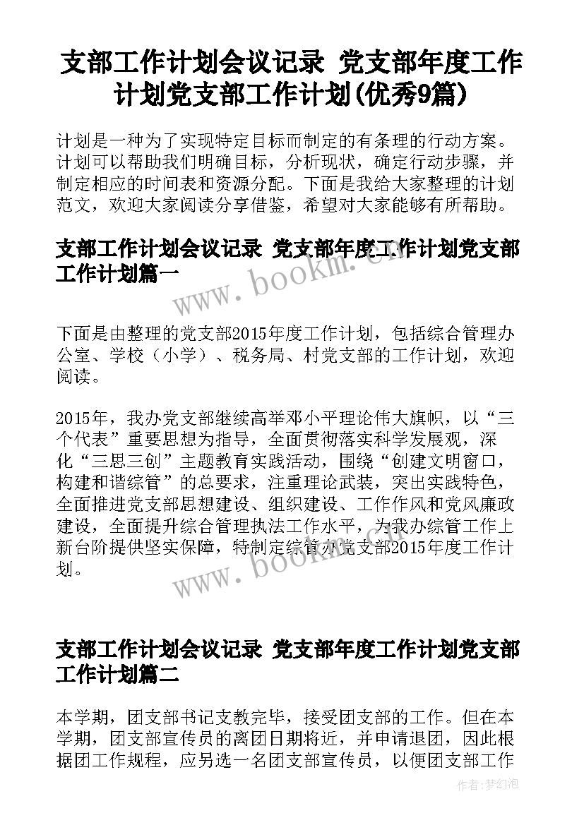 支部工作计划会议记录 党支部年度工作计划党支部工作计划(优秀9篇)