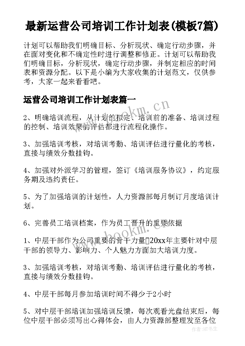 最新运营公司培训工作计划表(模板7篇)