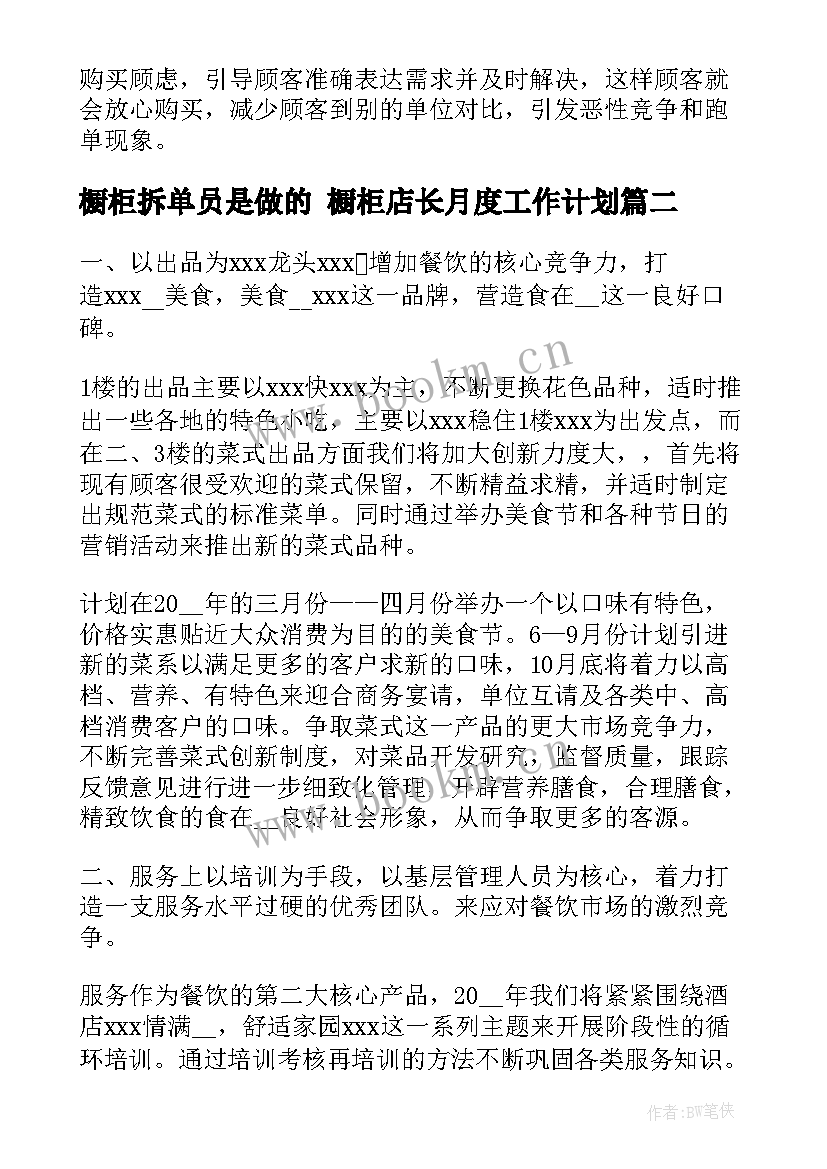 2023年橱柜拆单员是做的 橱柜店长月度工作计划(模板5篇)