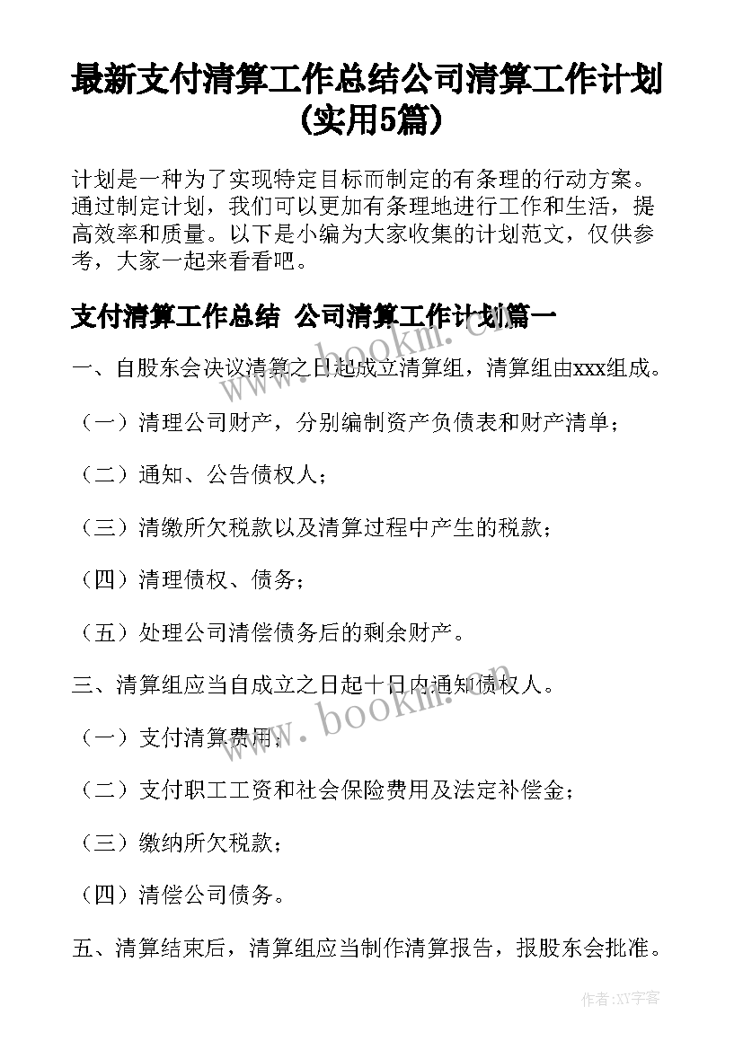 最新支付清算工作总结 公司清算工作计划(实用5篇)