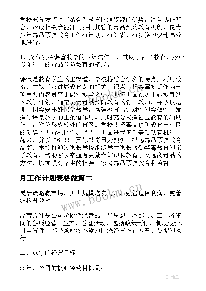 最新月工作计划表格做(模板9篇)