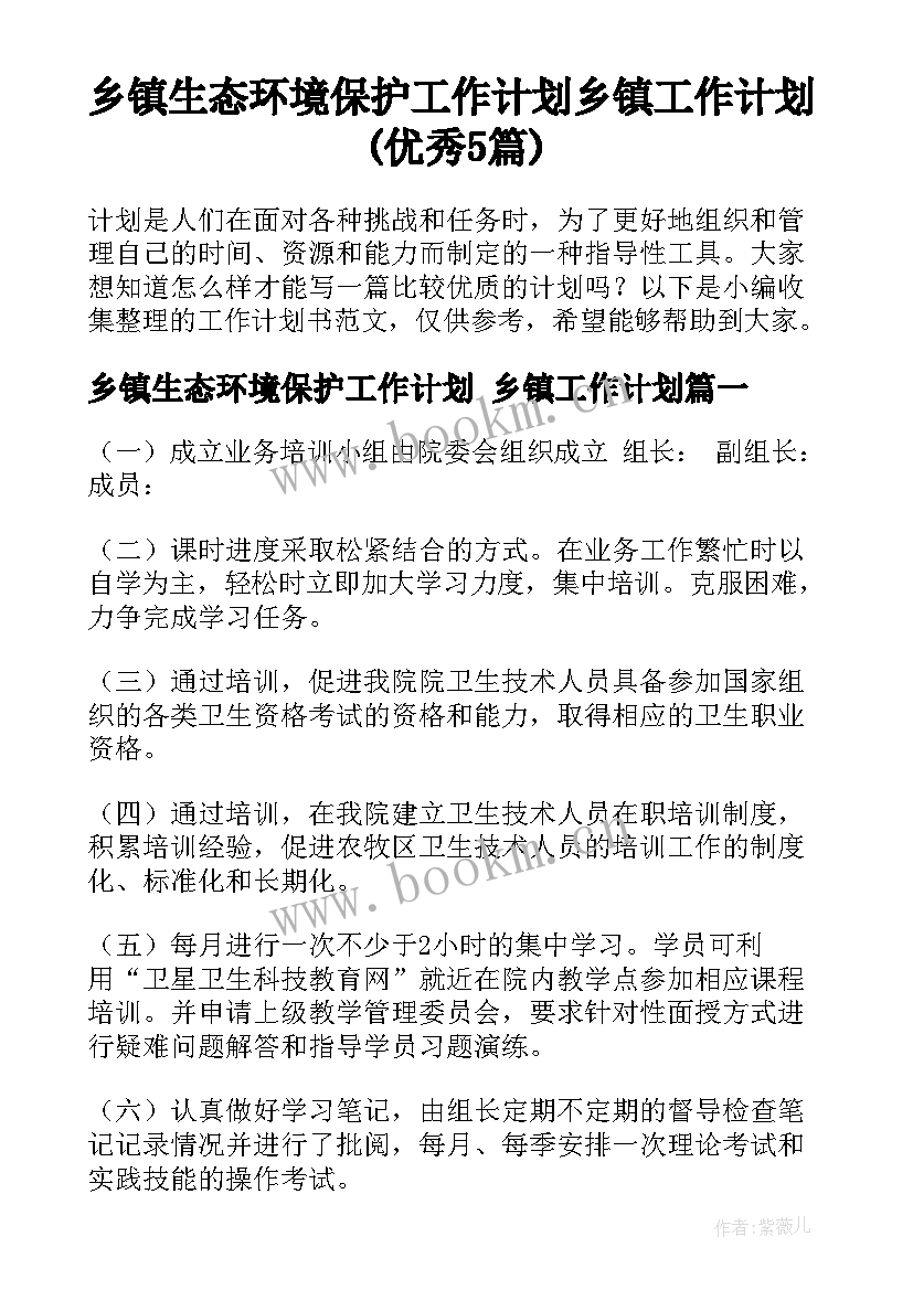 乡镇生态环境保护工作计划 乡镇工作计划(优秀5篇)