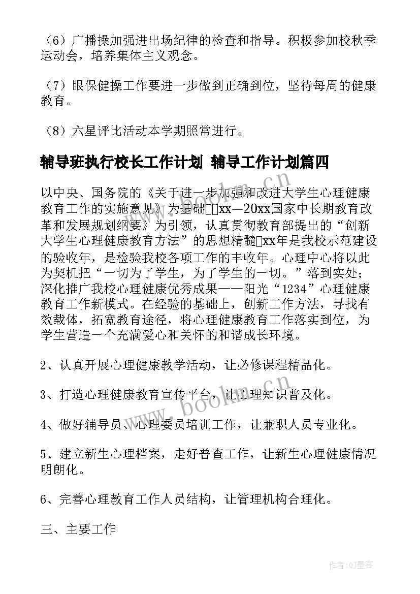 辅导班执行校长工作计划 辅导工作计划(大全7篇)