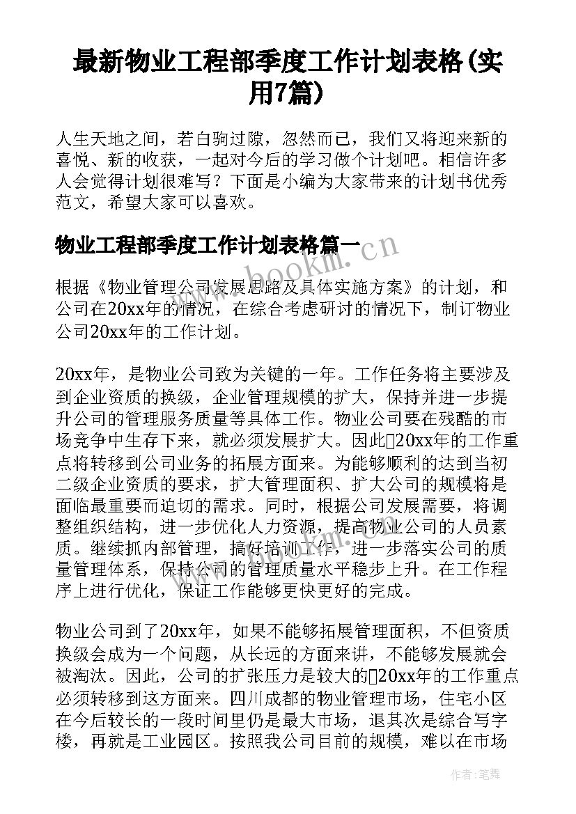 最新物业工程部季度工作计划表格(实用7篇)