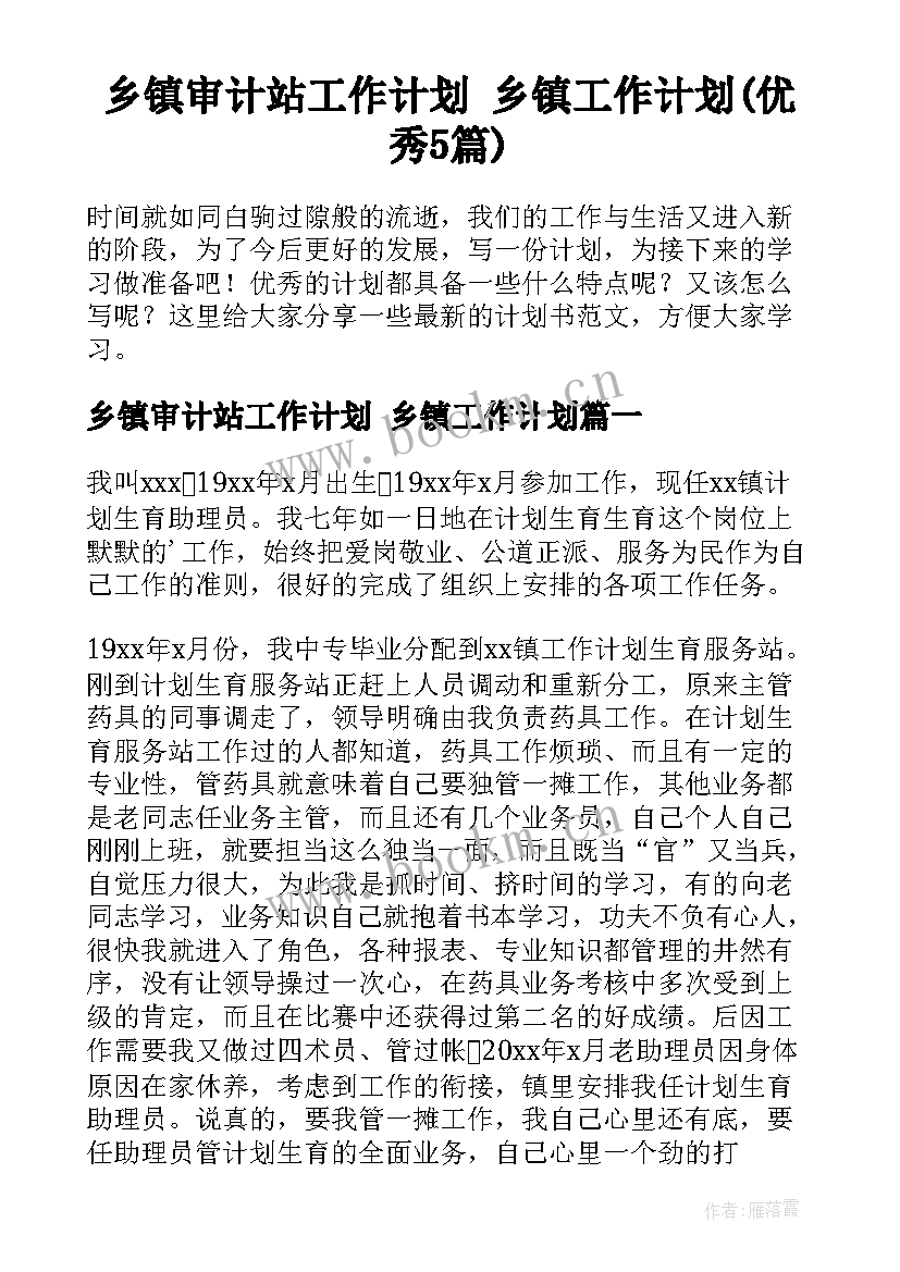 乡镇审计站工作计划 乡镇工作计划(优秀5篇)