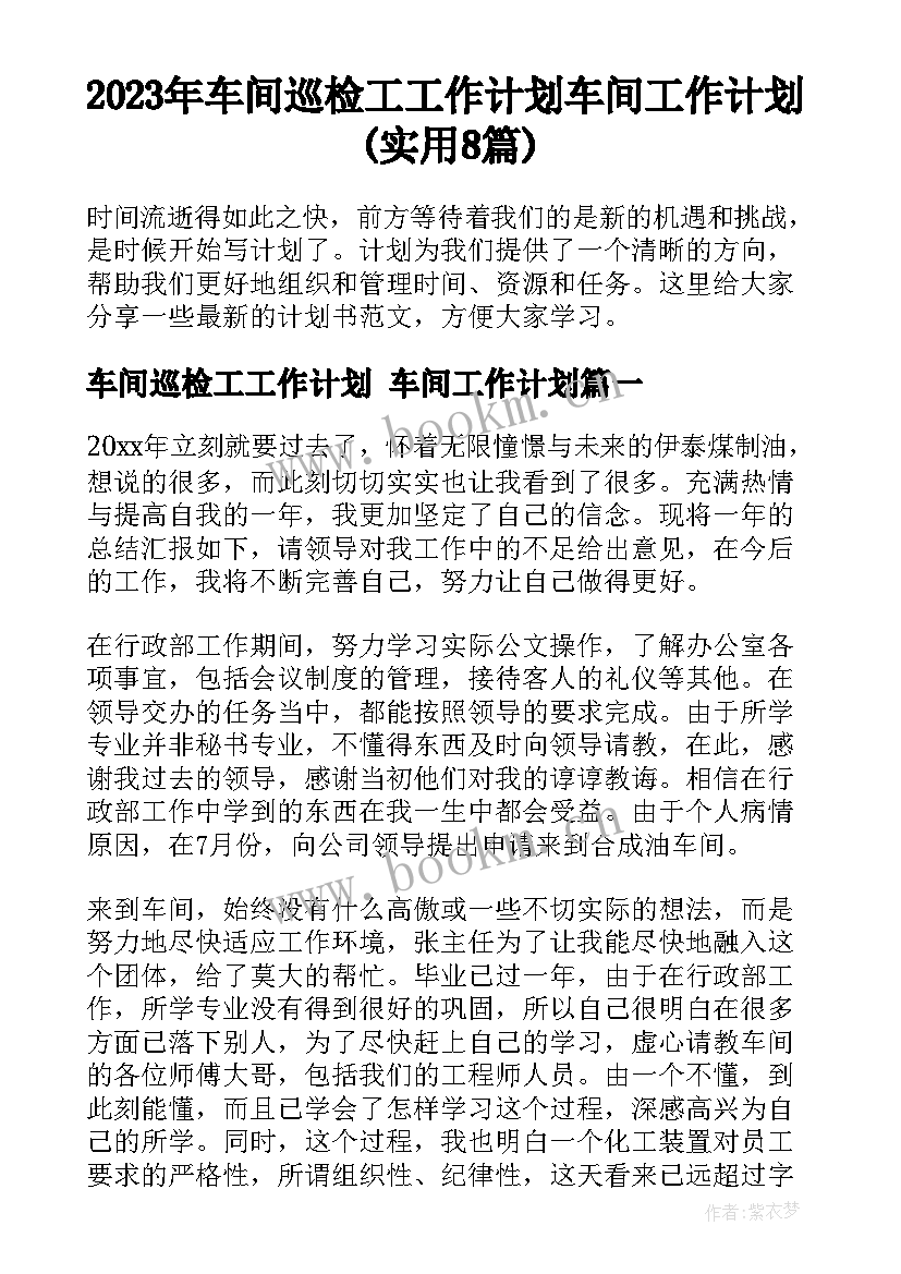 2023年车间巡检工工作计划 车间工作计划(实用8篇)