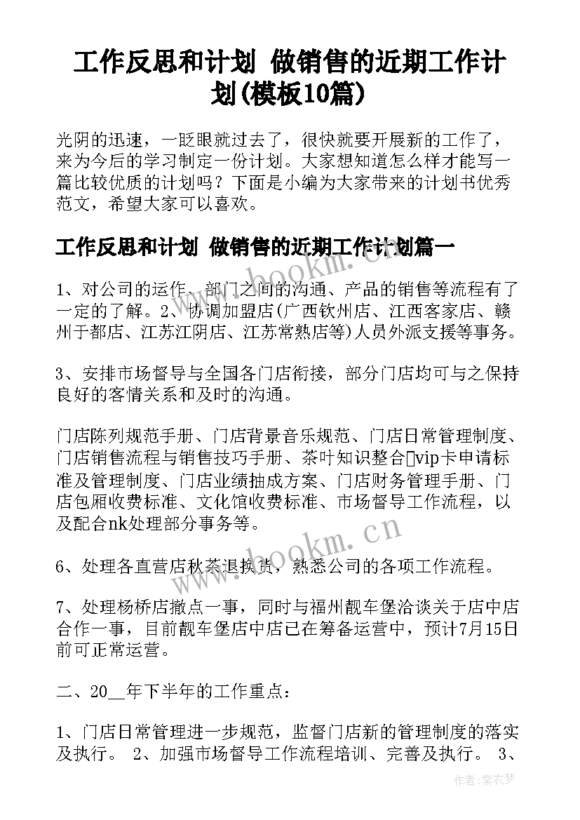 工作反思和计划 做销售的近期工作计划(模板10篇)