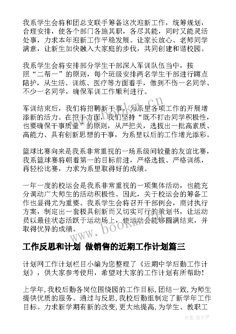 工作反思和计划 做销售的近期工作计划(模板10篇)