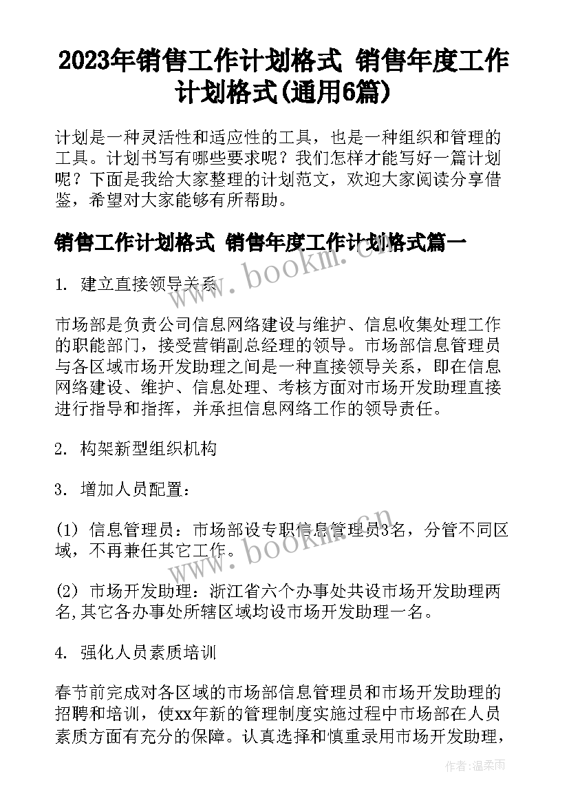 2023年销售工作计划格式 销售年度工作计划格式(通用6篇)