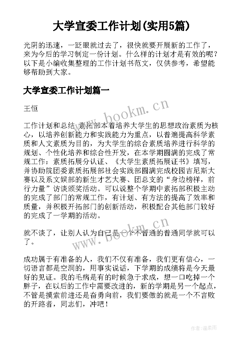 大学宣委工作计划(实用5篇)