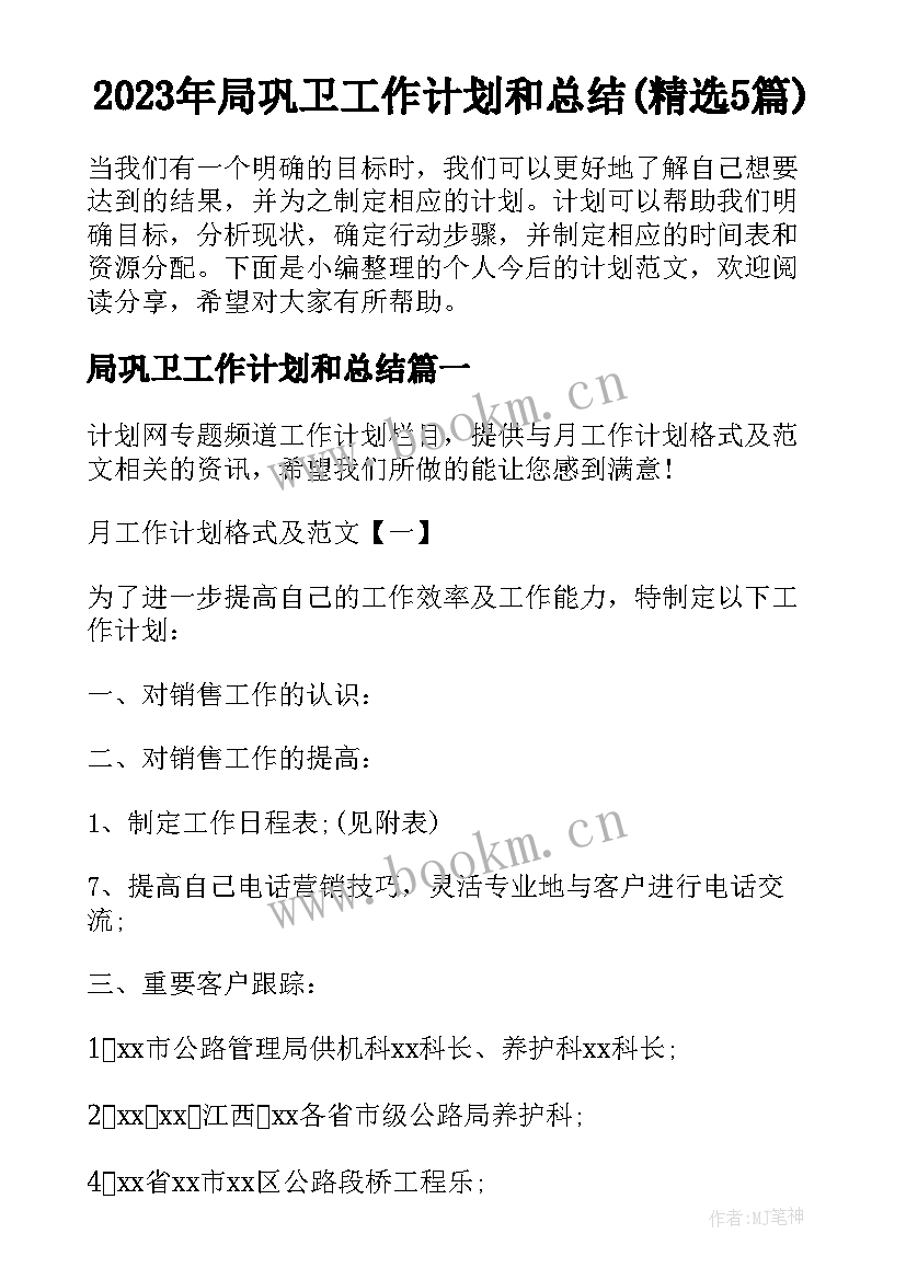 2023年局巩卫工作计划和总结(精选5篇)