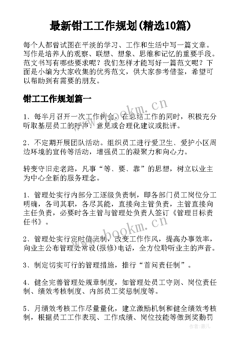 最新钳工工作规划(精选10篇)