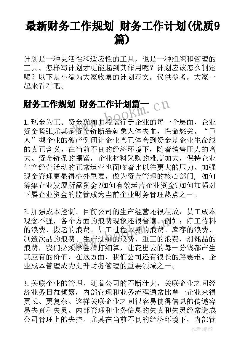 最新财务工作规划 财务工作计划(优质9篇)