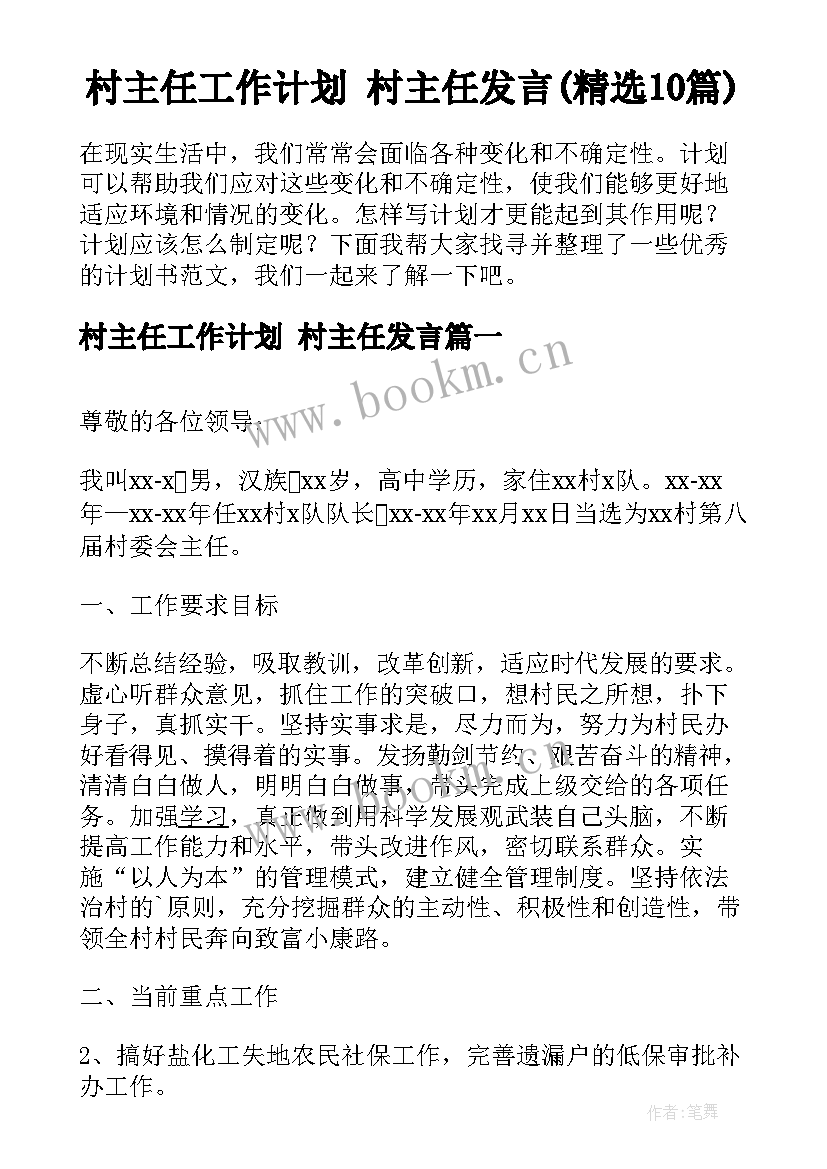 村主任工作计划 村主任发言(精选10篇)