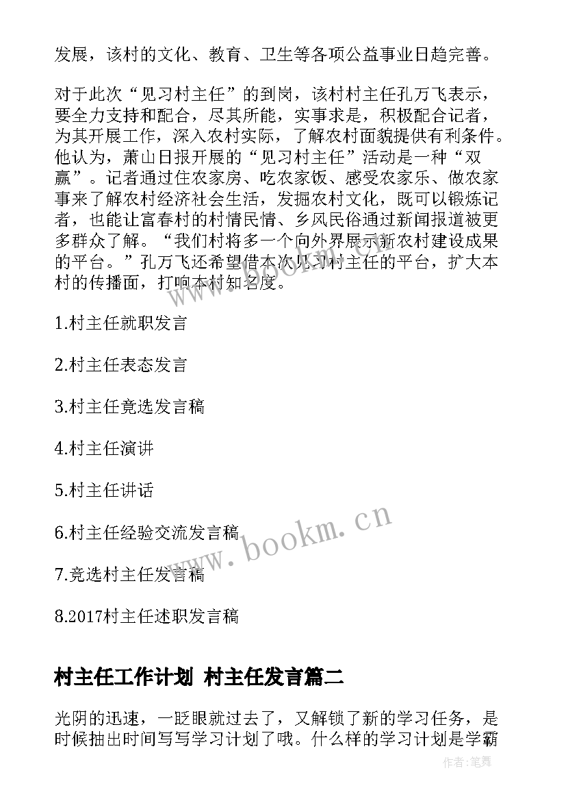 村主任工作计划 村主任发言(精选10篇)