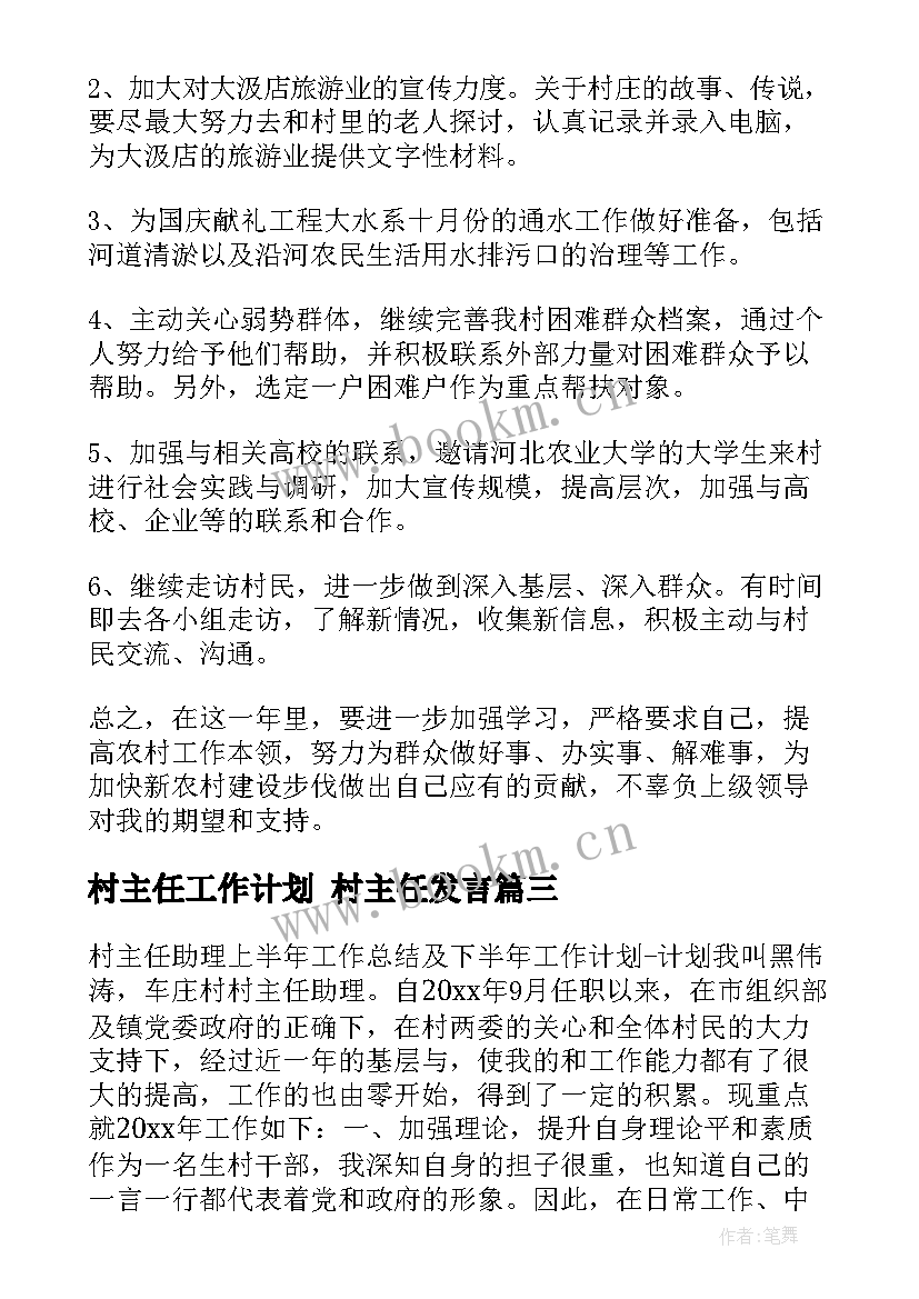 村主任工作计划 村主任发言(精选10篇)