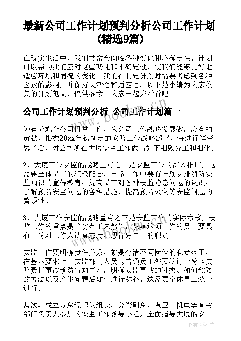 最新公司工作计划预判分析 公司工作计划(精选9篇)