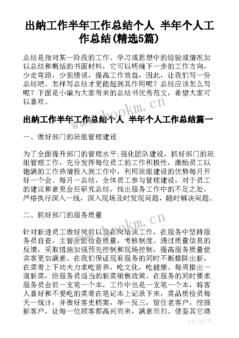 出纳工作半年工作总结个人 半年个人工作总结(精选5篇)